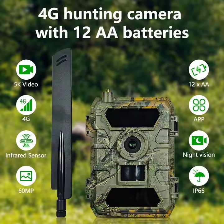 Caméra de chasse 4G NaturaVision 5K Pro avec ses caractéristiques principales : vidéo 5K, photo 60MP et vision nocturne.