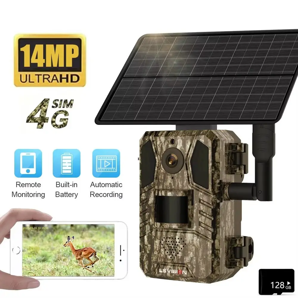 Caméra de chasse 4G Pro 4MP avec antenne et camouflage installée en extérieur