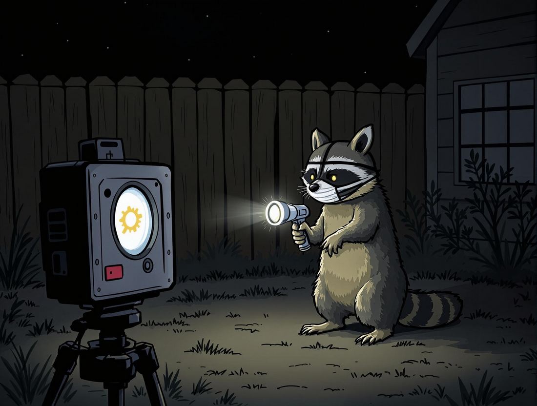 Caméra de chasse capturant un raton laveur portant un masque de bandit et tenant une lampe de poche, humour animalier