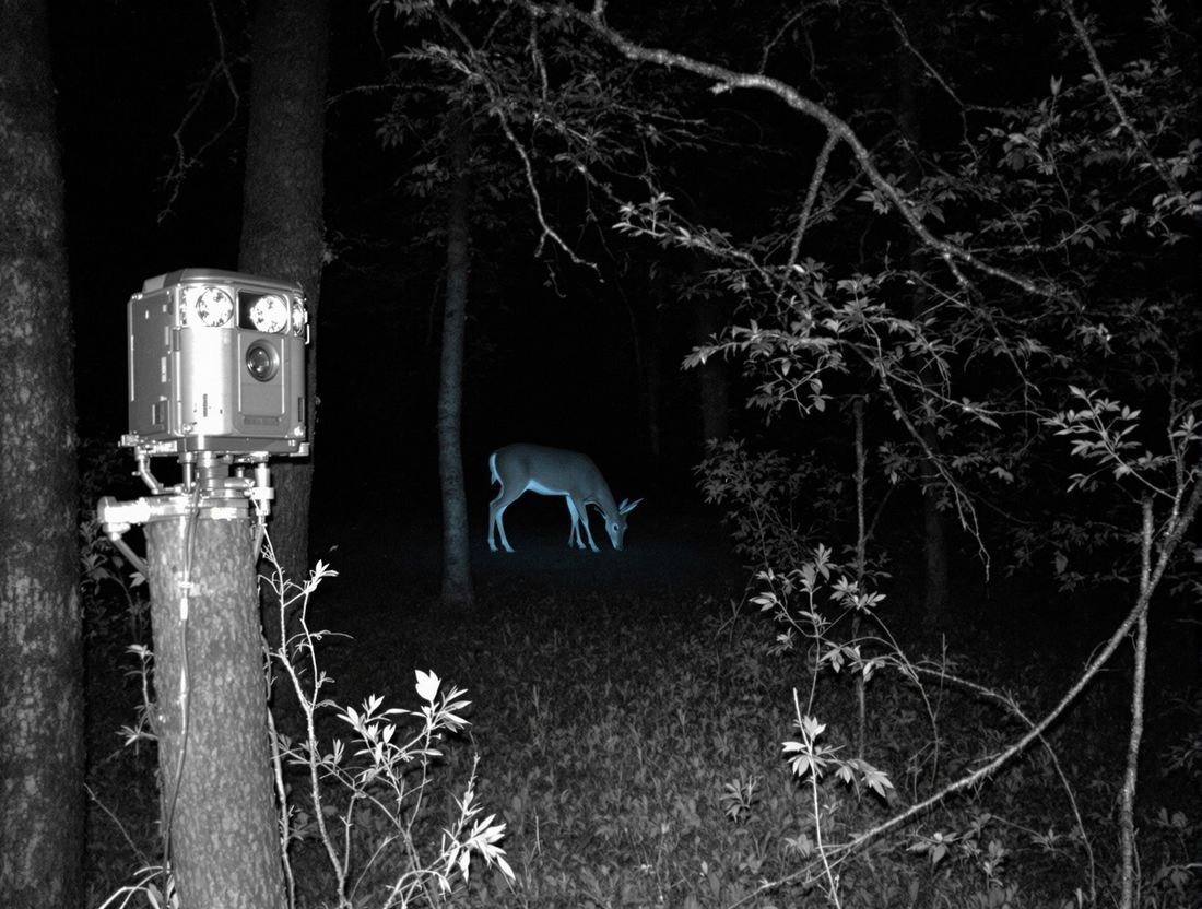 Caméra de chasse en action dans la forêt capturant un cerf la nuit